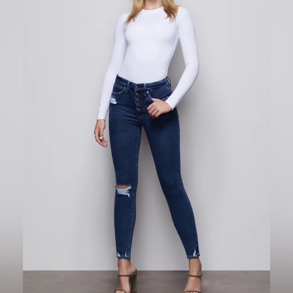 Good American Good Waist Size 6/28 Chewed Hem Distressed Stretch Skinny Jeans - Picture 1 of 7